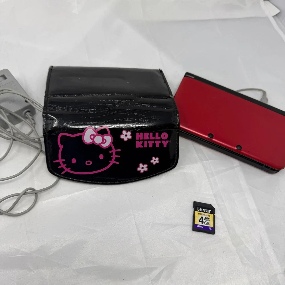 Nintendo 3DS XL Red Black Console Bundle SPR-001 Charger 4GB SD Hello Kitty Case